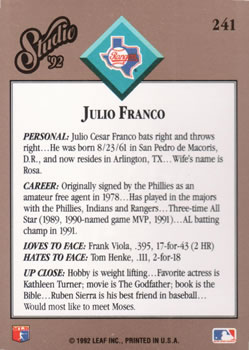 Julio Franco  baseball card collectible - Main Image 2
