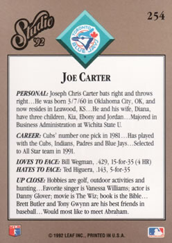 Joe Carter  baseball card collectible - Main Image 2