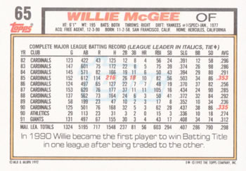 Willie McGee  baseball card collectible - Main Image 2