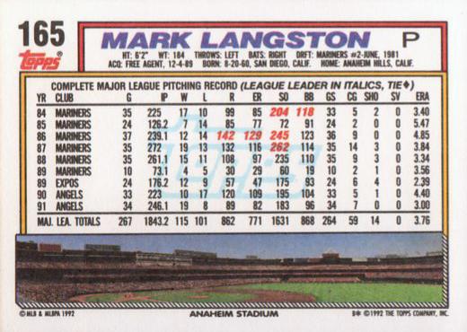 Mark Langston  baseball card collectible - Main Image 2