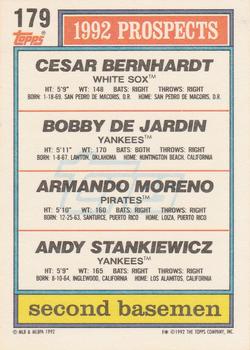 1992 Top Prospects 2nd Basemen (Cesar Bernhardt / Bobby DeJardin / Armando Moreno / Andy Stankiewicz)  baseball card collectible - Main Image 2