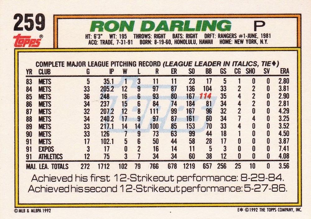Ron Darling  baseball card collectible - Main Image 2