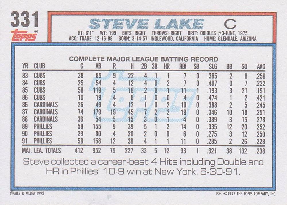 Steve Lake  baseball card collectible - Main Image 2