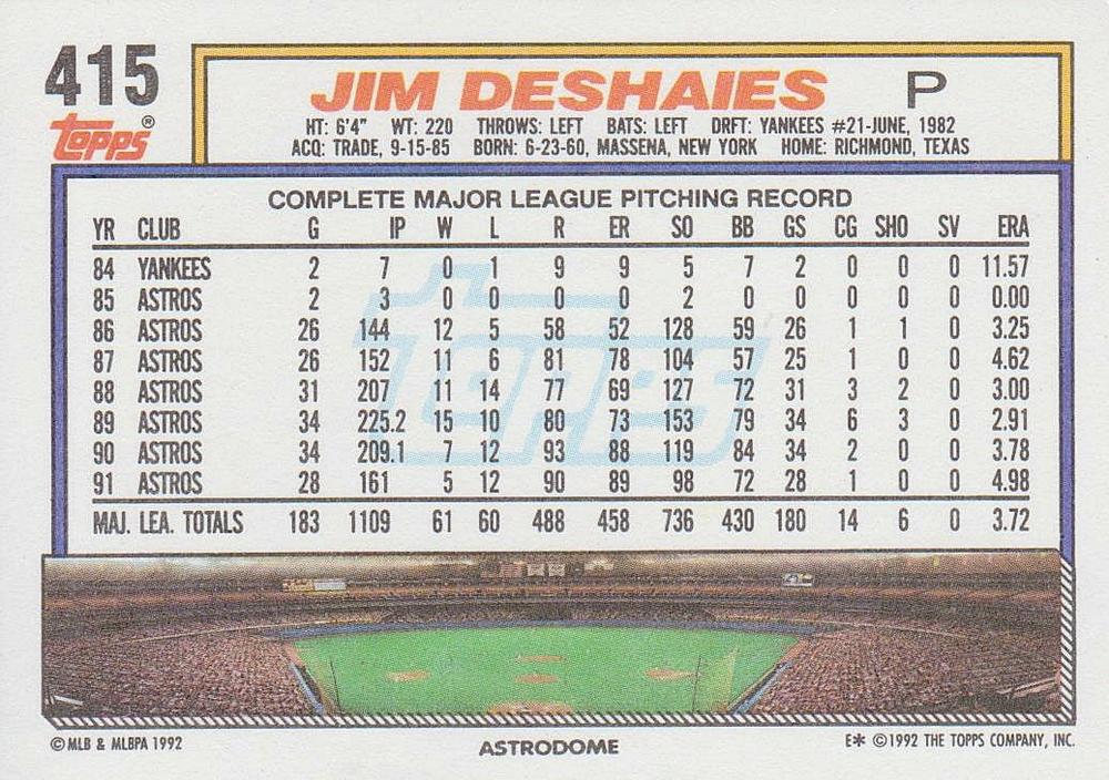 Jim Deshaies  baseball card collectible - Main Image 2