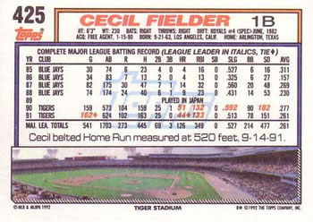 Cecil Fielder  baseball card collectible - Main Image 2