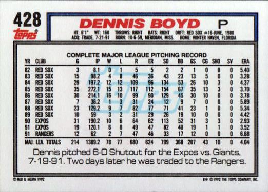 Dennis Boyd  baseball card collectible - Main Image 2