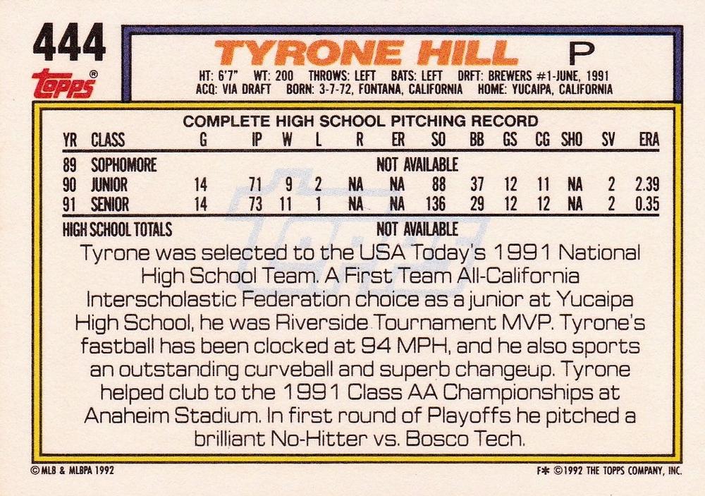 Tyrone Hill  baseball card collectible - Main Image 2