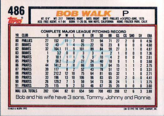Bob Walk  baseball card collectible - Main Image 2