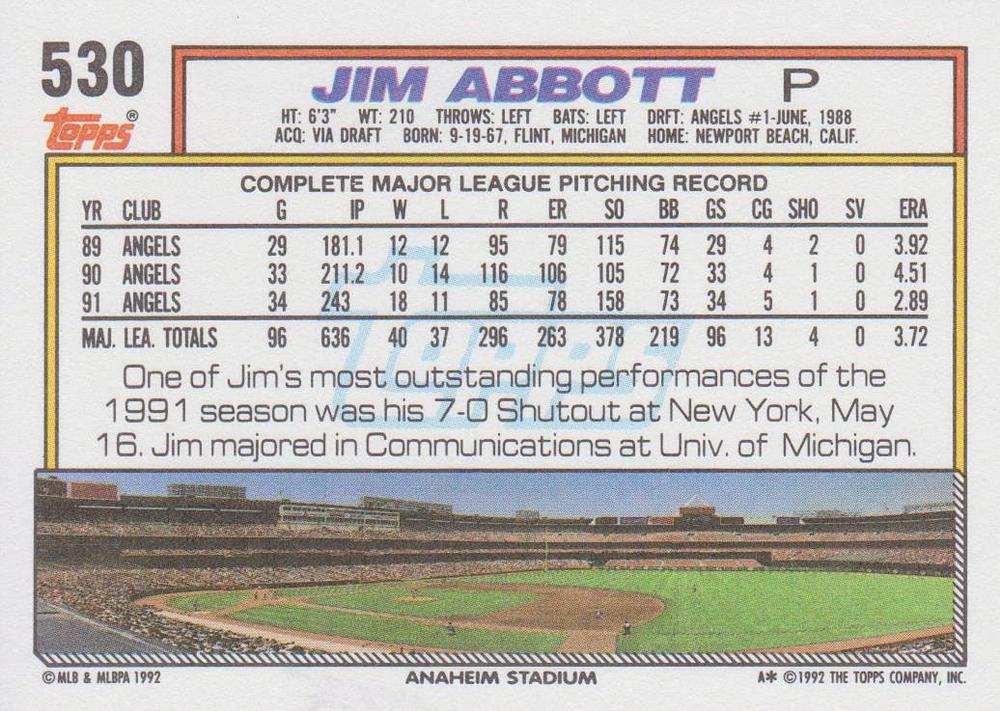 Jim Abbott  baseball card collectible - Main Image 2