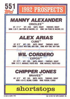 1992 Top Prospects Shortstops (Manny Alexander / Alex Arias / Wil Cordero / Chipper Jones)  baseball card collectible - Main Image 2