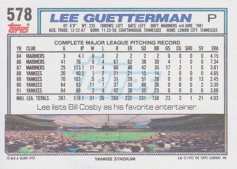 Lee Guetterman  baseball card collectible - Main Image 2