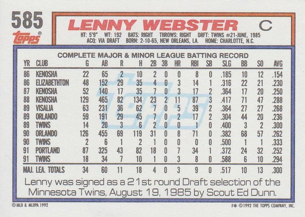 Lenny Webster  baseball card collectible - Main Image 2