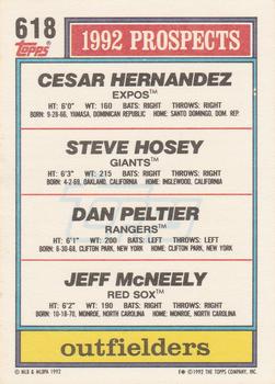1992 Top Prospects Outfielders (Cesar Hernandez / Steve Hosey / Dan Peltier / Jeff McNeely)  baseball card collectible - Main Image 2