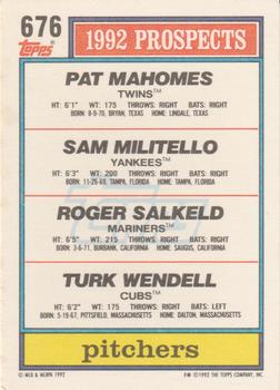 1992 Top Prospects Pitchers (Pat Mahomes / Sam Militello / Roger Salkeld / Turk Wendell)  baseball card collectible - Main Image 2