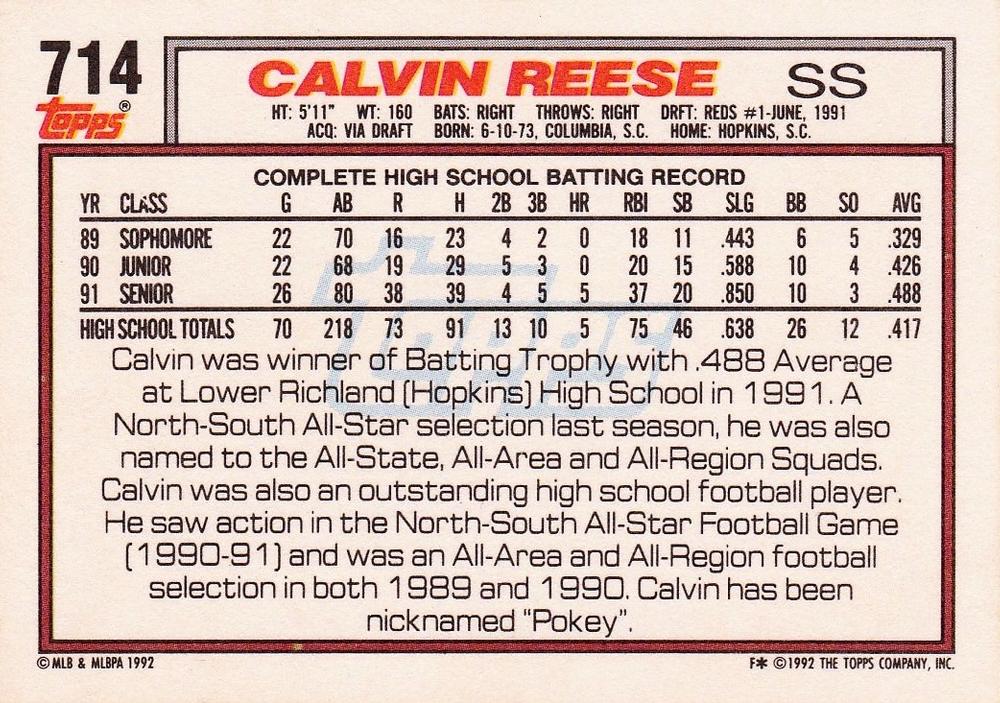Calvin Reese  baseball card collectible - Main Image 2