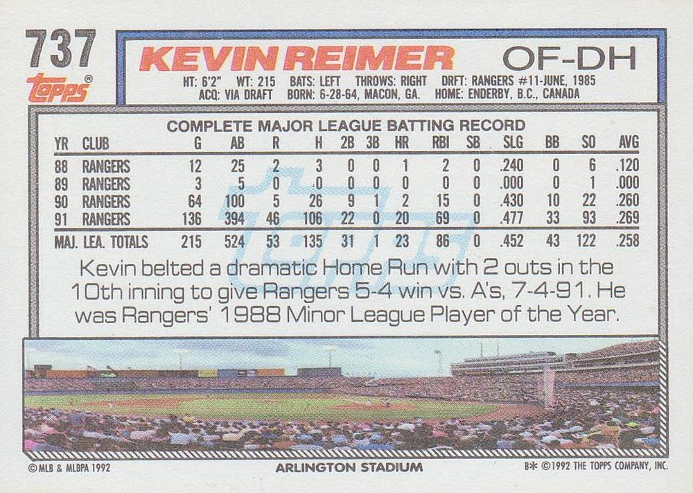 Kevin Reimer  baseball card collectible - Main Image 2