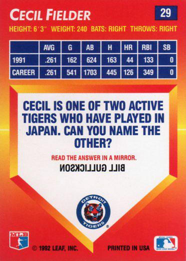 Cecil Fielder  baseball card collectible - Main Image 2