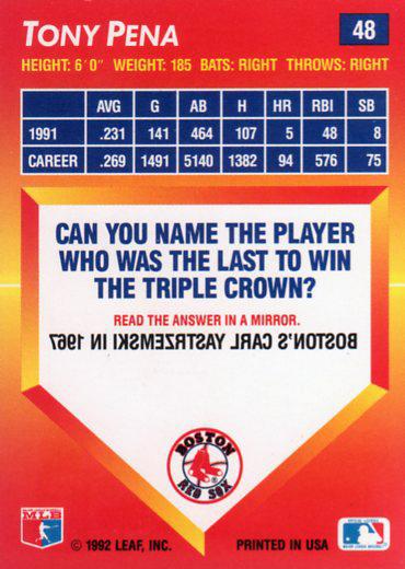 Tony Pena  baseball card collectible - Main Image 2