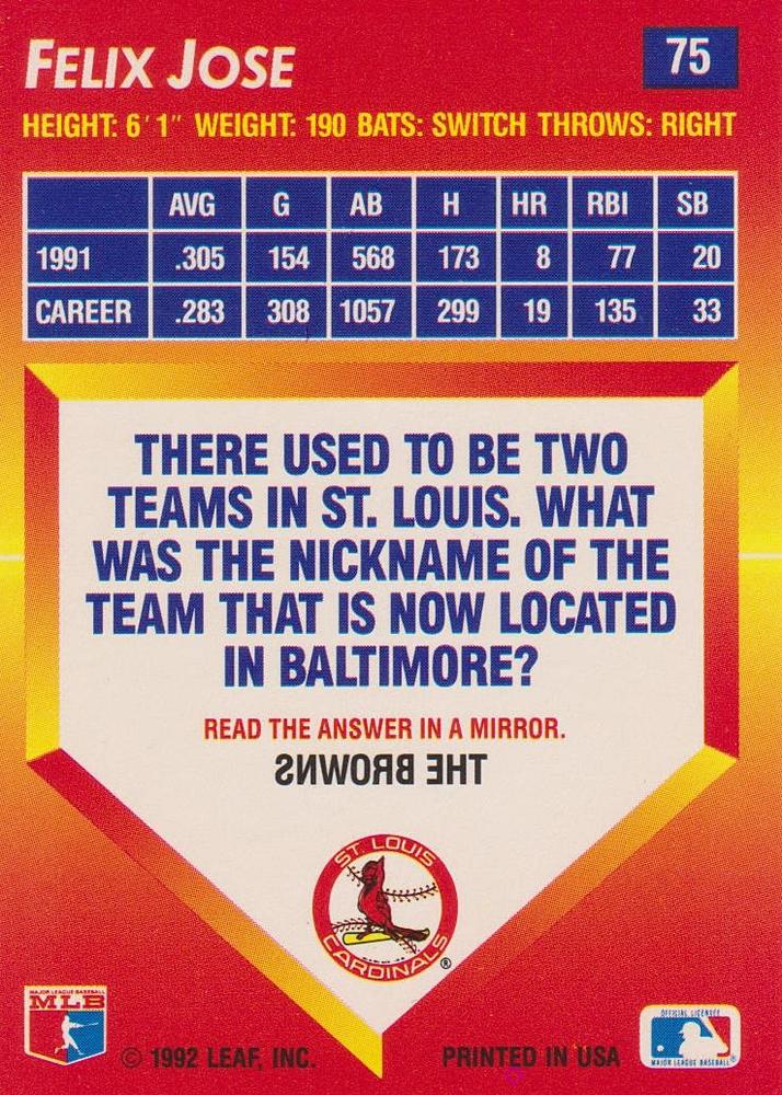 Felix Jose  baseball card collectible - Main Image 2