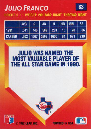 Julio Franco  baseball card collectible - Main Image 2