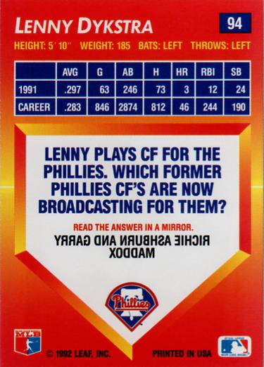 Lenny Dykstra  baseball card collectible - Main Image 2