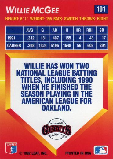 Willie McGee  baseball card collectible - Main Image 2