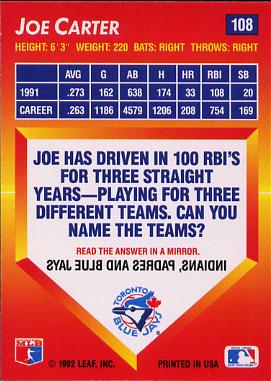 Joe Carter  baseball card collectible - Main Image 2