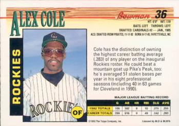 Alex Cole  baseball card collectible - Main Image 2