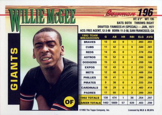Willie McGee  baseball card collectible - Main Image 2