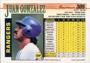 Juan Gonzalez  baseball card collectible - Main Image 2
