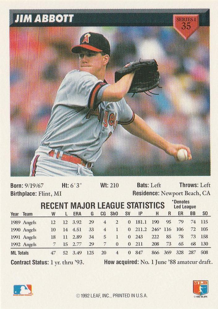 Jim Abbott  baseball card collectible - Main Image 2