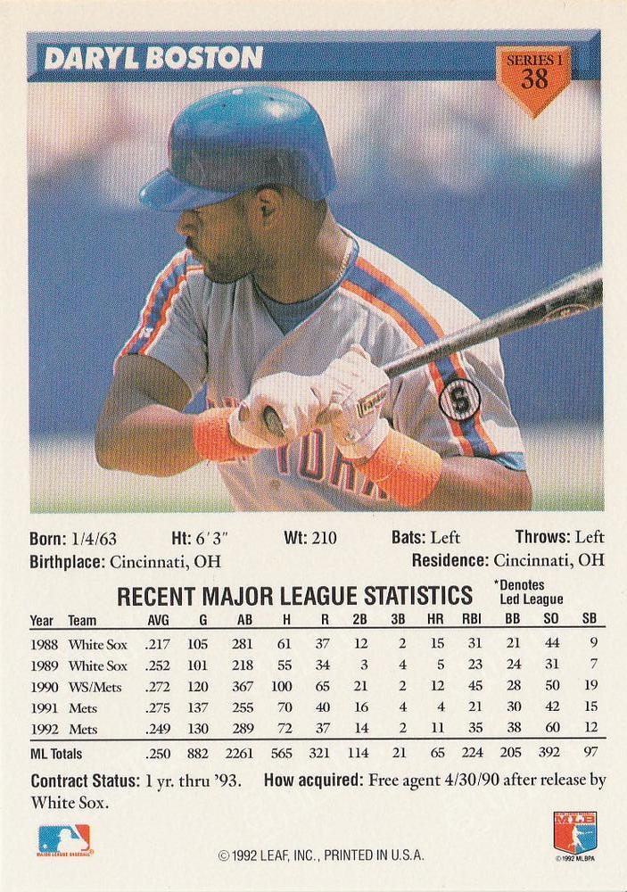 Daryl Boston  baseball card collectible - Main Image 2