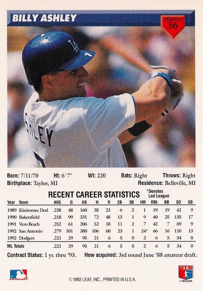 Billy Ashley  baseball card collectible - Main Image 2