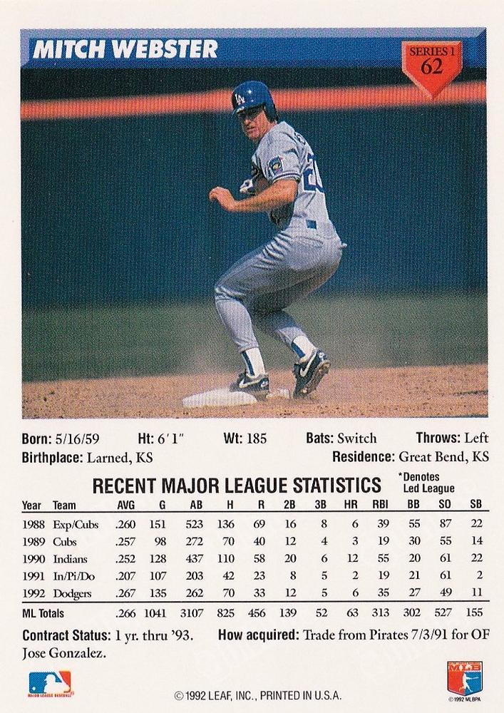 Mitch Webster  baseball card collectible - Main Image 2