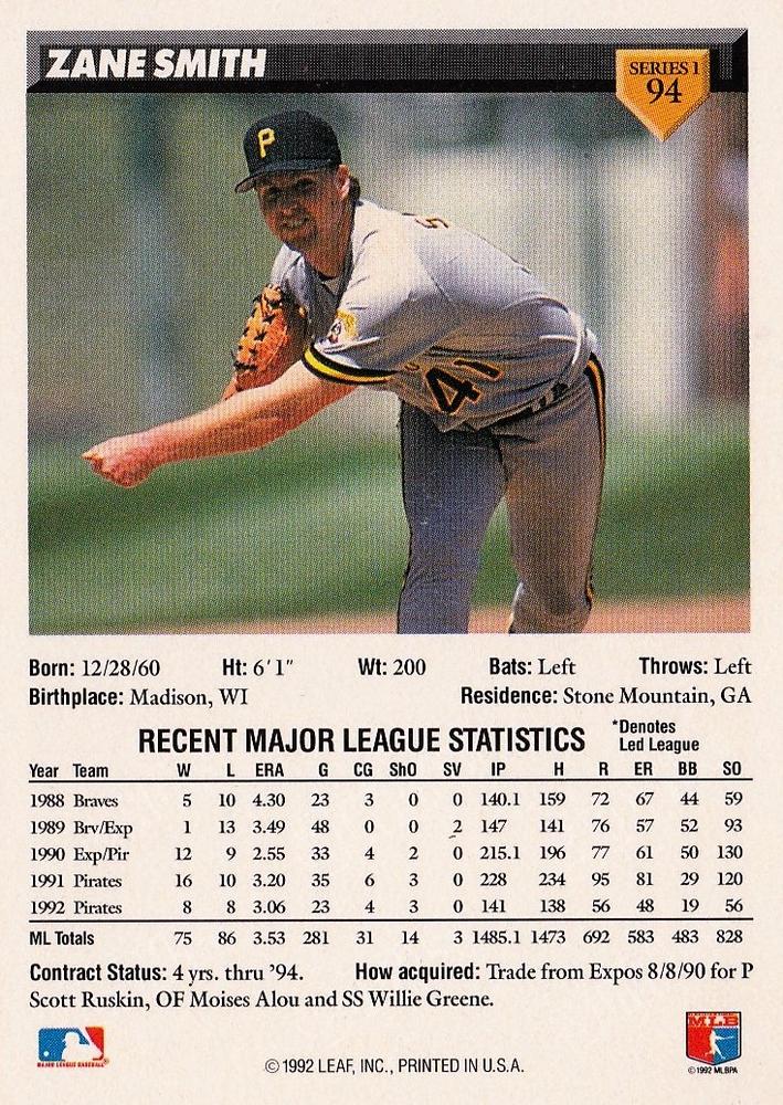 Zane Smith  baseball card collectible - Main Image 2