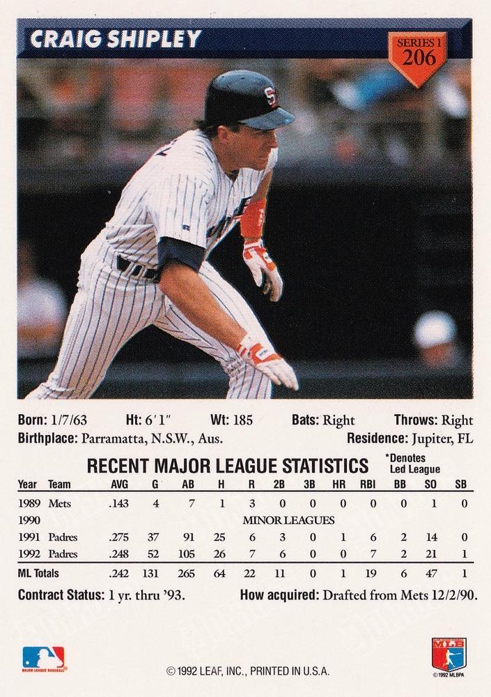 Craig Shipley  baseball card collectible - Main Image 2