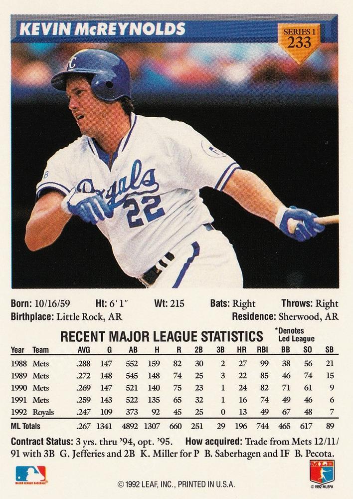 Kevin McReynolds  baseball card collectible - Main Image 2