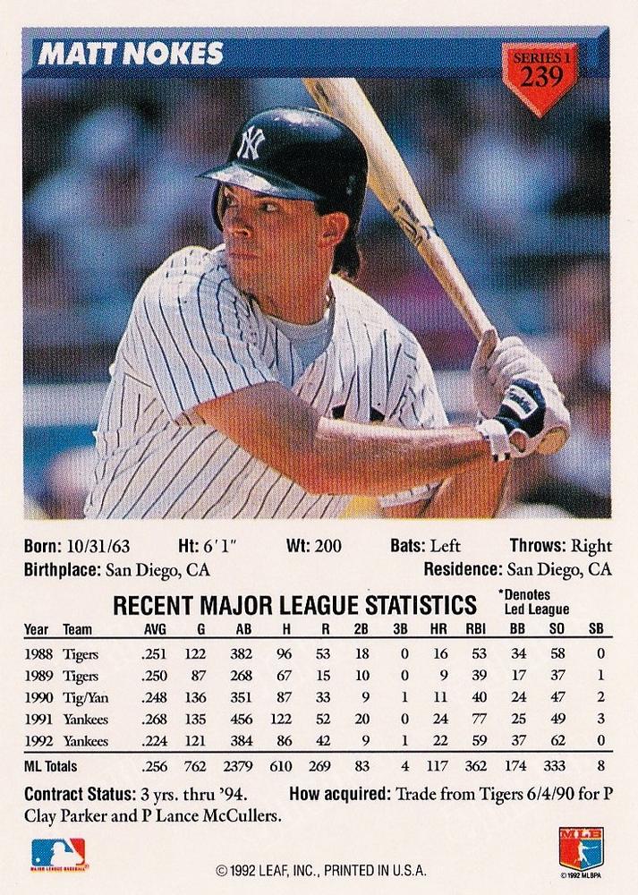 Matt Nokes  baseball card collectible - Main Image 2