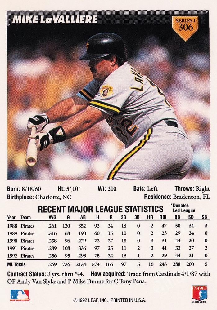 Mike LaValliere  baseball card collectible - Main Image 2
