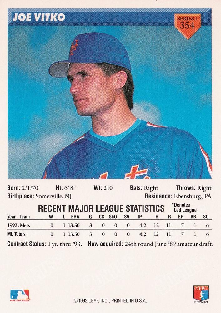 Joe Vitko  baseball card collectible - Main Image 2