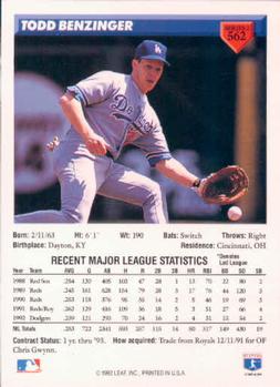 Todd Benzinger  baseball card collectible - Main Image 2