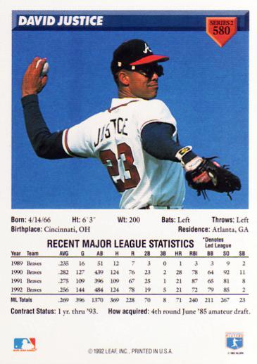 David Justice  baseball card collectible - Main Image 2