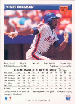 Vince Coleman  baseball card collectible - Main Image 2