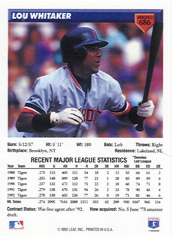 Lou Whitaker  baseball card collectible - Main Image 2