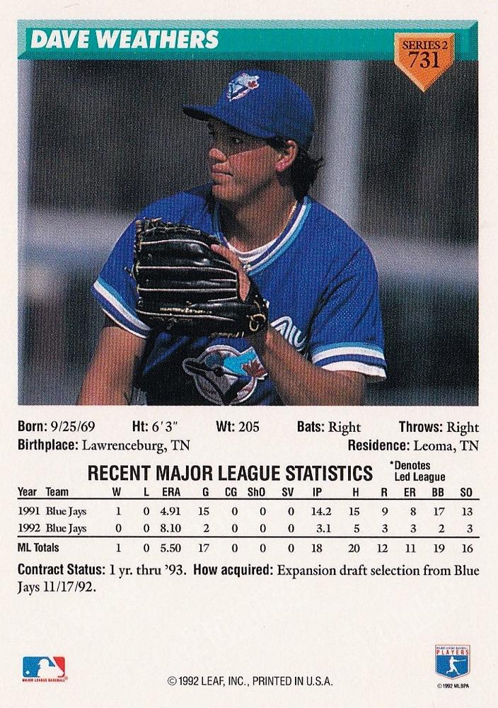 Dave Weathers  baseball card collectible - Main Image 2