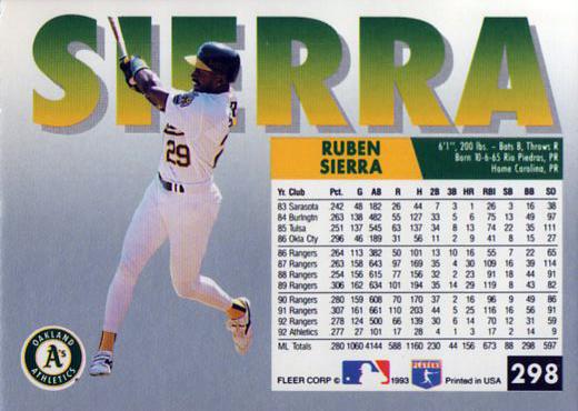 Ruben Sierra  baseball card collectible - Main Image 2