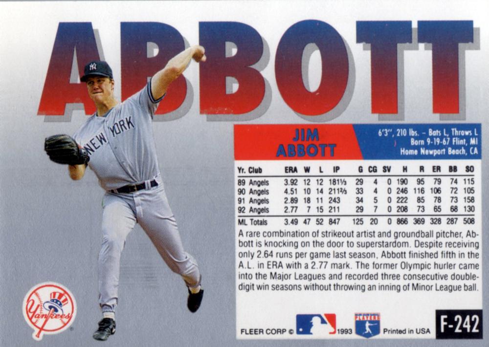 Jim Abbott  baseball card collectible - Main Image 2