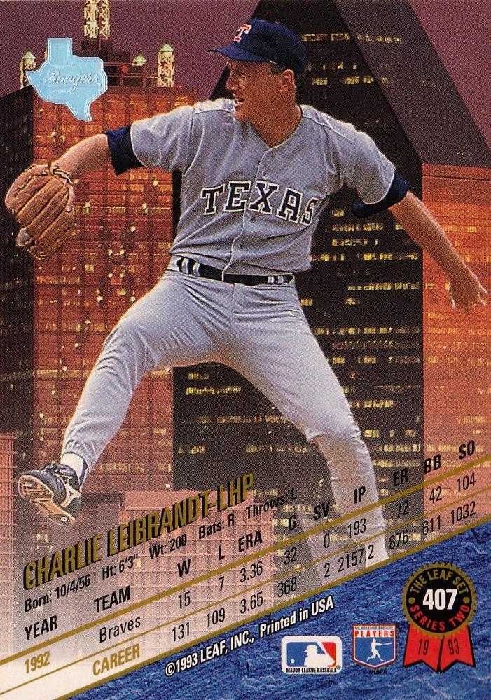 Charlie Leibrandt  baseball card collectible - Main Image 2