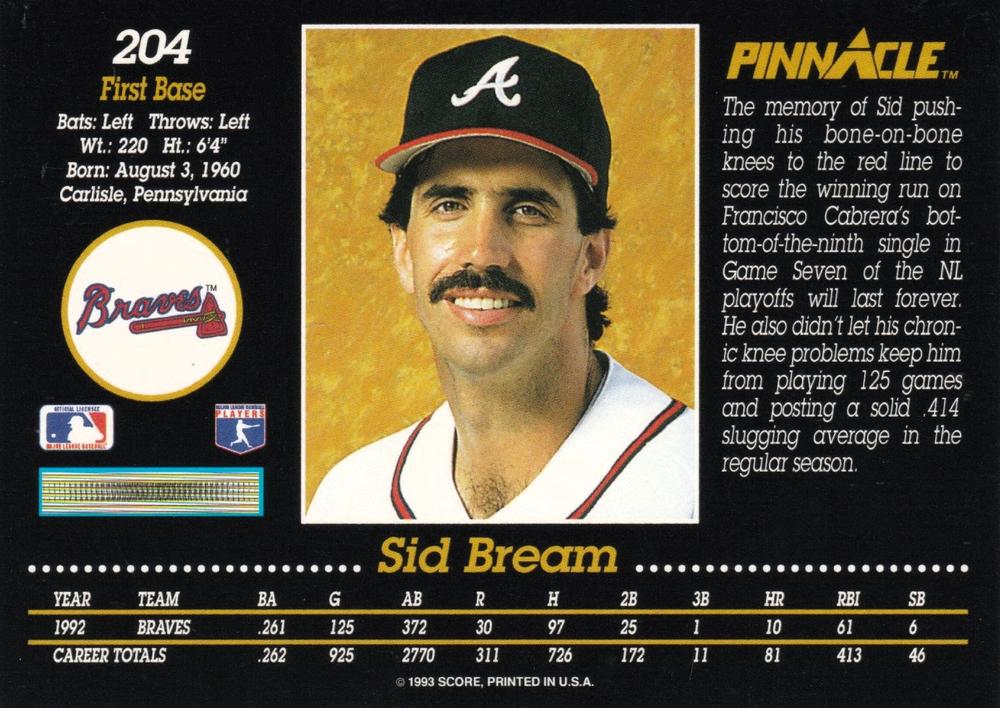 Sid Bream  baseball card collectible - Main Image 2