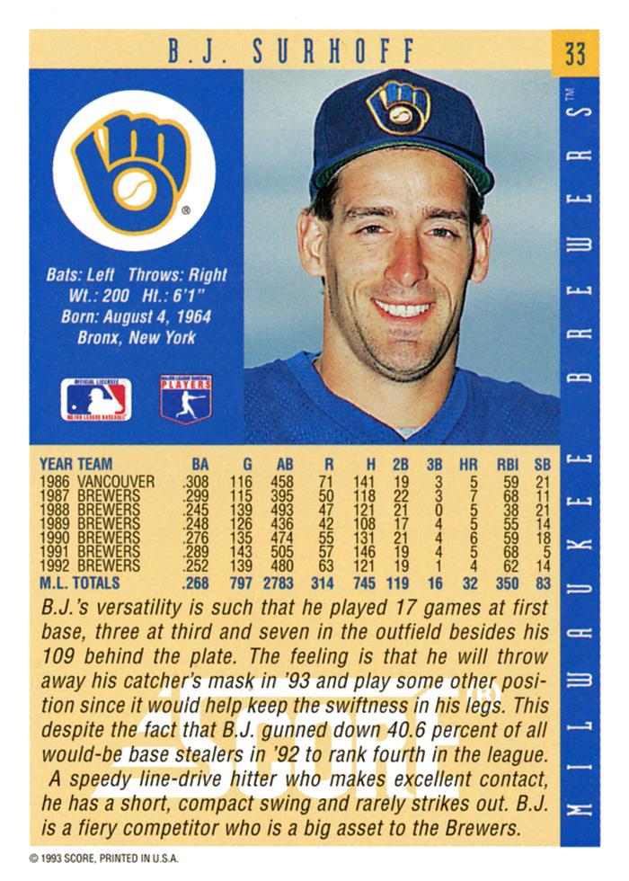 B.J. Surhoff  baseball card collectible - Main Image 2